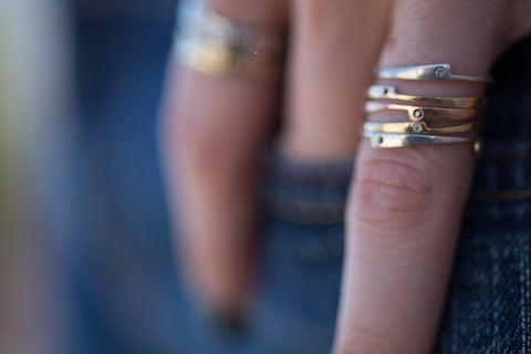 Gold razor stack ring with white diamonds