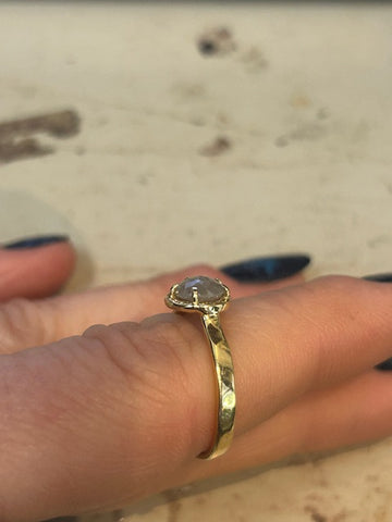 Grey rosecut diamond ring pictured on finger side view